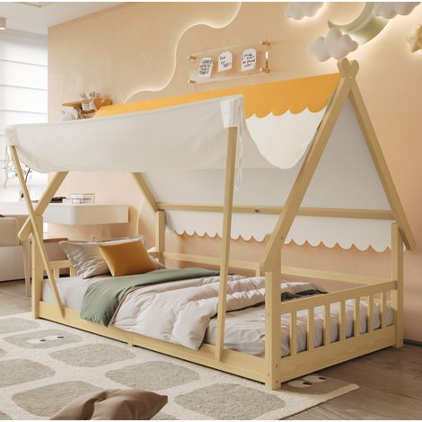 MEUBLIV Bettgestell 90x200 cm Weiß/Natur – Hausdesign mit Zelt, ohne Matratze (1/4)