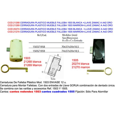 Cerradura de mueble falleba 1503 blanca con llave zamac A42 oro