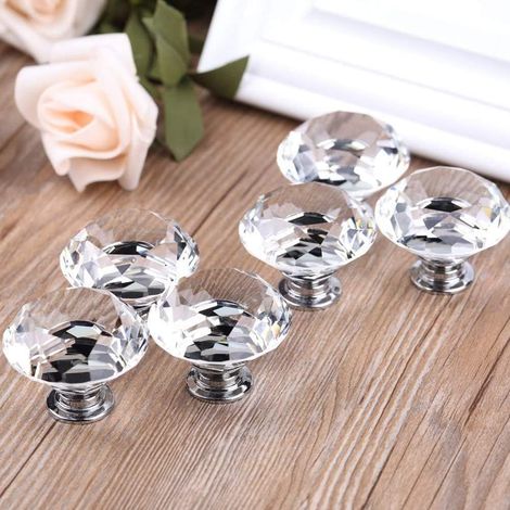 6 poignées en cristal, poignées de porte de tiroir en cristal diamant de 30 mm, poignées de porte de cuisine en verre, poignées pour armoires de rang