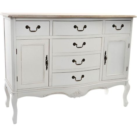 Commode en bois sapin blanc avec 6 tiroirs et 2 portes - Largeur 118 x Hauteur 90 x Profondeur 45cm -PEGANE- (1/4)