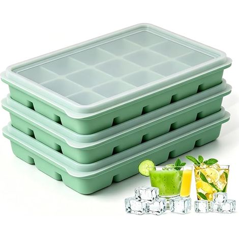 Lot de 3 bacs à glaçons en silicone avec couvercles - 45 glaçons au total - Passe au lave-vaisselle - Flexibles - Faciles à démouler - Sans BPA - Pour whisky, café, jus de fruits (1/5)