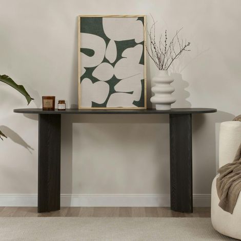 Pier Import – Console de salon noire ovale – pieds en V – effet bois MDF mélaminé – dimensions 150x35x75 cm – facile d'entretien et résistant aux rayures (1/5)