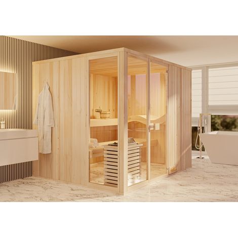 FinnTherm Innensauna Ergo Panorama Innensauna 3 Sitzbänke aus Holz , Saunakabine mit 40 mm Wandstärke, Dampfsauna mit Montagematerial (1/5)