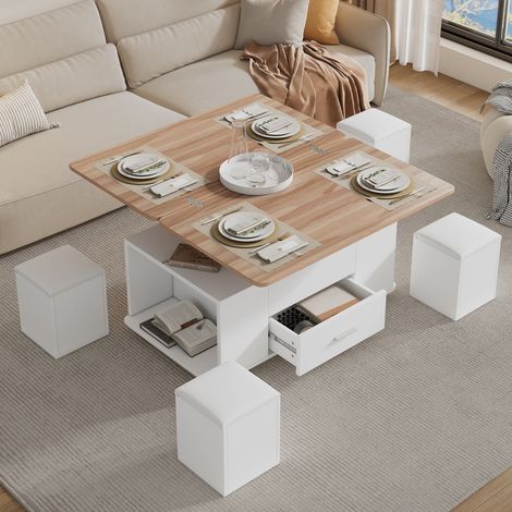 Table basse mobile relevable 100x50x45cm - Avec 1 tiroir - 4 tabourets avec rangement - Blanc+naturel (1/5)