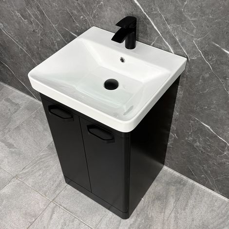Black Vanity Unit Ceramic Basin Sink Bathroom 500mm with Black Handles Pacific, Without Tap & Waste