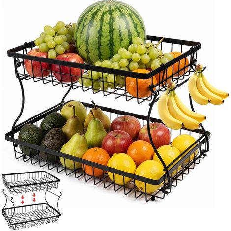 Cesta de frutas de 2 niveles con 2 ganchos y caja de almacenamiento (1/5)