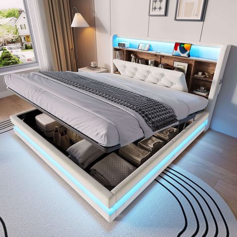 Lit Coffre Rembourré 140x200 cm, Rangement Hydraulique, Tête de Lit avec Étagères, LED, USB et Type-C, Velours Beige (1/5)