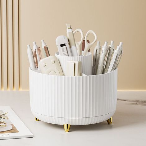Blanc Organisateur de bureau rotatif à 360 °, Stockage Boîte Cosmétique Multifonctionnel, organiseur de bureau, porte-crayons, multifonction, pour la maison, boîte de rangement, étagère de rangement (1/5)