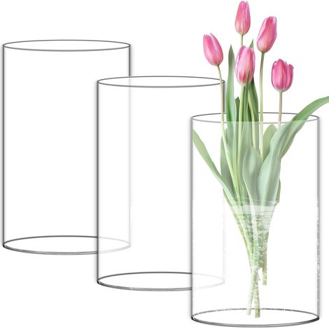 Lot de 3 vases hauts en verre borosilicate, hauteur : 15 cm, 10 cm, vase cylindrique transparent avec fond, large ouverture, vase à fleurs en verre borosilicate, idéal pour décorer (1/5)