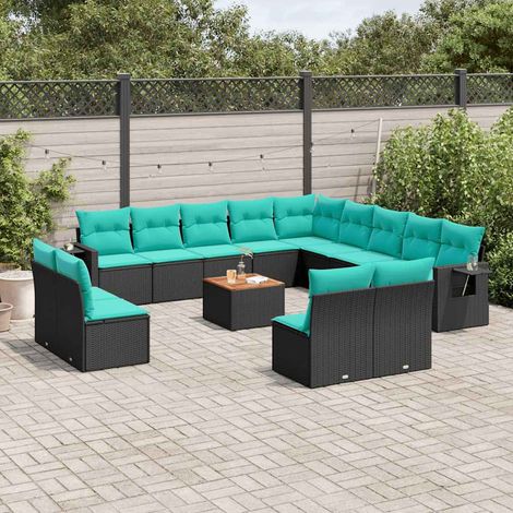 Ensemble de canapé de jardin modulable 14 pcs en résine tressée noir et coussins bleus - PANGIVO (1/5)