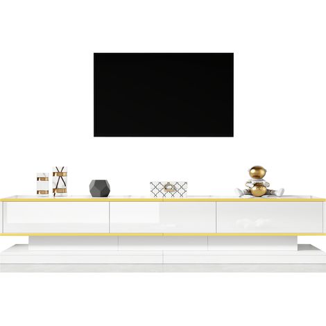 Meuble tv et table basse assortis blanc brillant avec finitions dorées, ensemble salon avec tiroirs et rangements