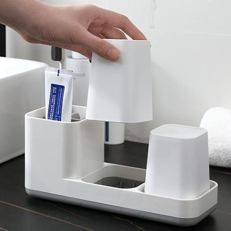 ZOLGINAH Porte Brosse à Dent, Verre à Dent de Qualité en Plastique avec Gobelets,Organisateur de Salle de Bain Multifonctionnel pour Lavabo ou Armoire Salle de Bain(Blanc) (1/5)