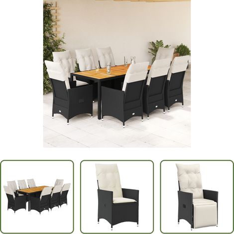 Gartentisch - 9-tlg. Garten-Essgruppe mit Kissen Schwarz Poly Rattan (1/5)