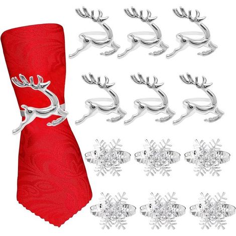 Lot de 12 ronds de serviette de Noël, motif élan et flocons de neige, décoration de table pour Noël, Thanksgiving, mariage et fêtes, argenté (1/5)