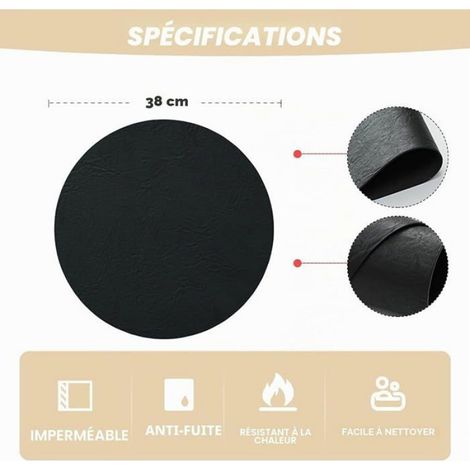 Sous-Plat Circulaire - Cuir Synthétique Lavable - Antidérapant - Pour Table À Manger - Diamètre 38 Cm - Noir - Lot De 6 (1/5)