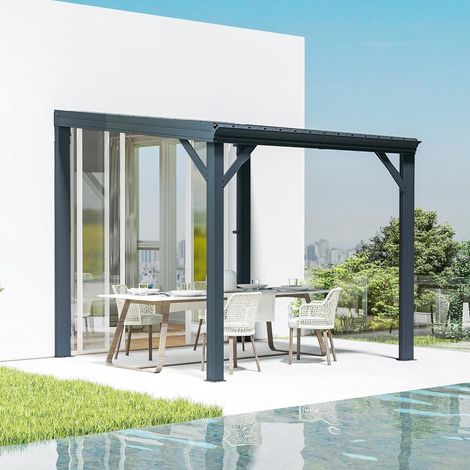 Wandmontierter Pavillon 3x3m mit Entwässerungssystem, Stahl-Hardtop, Grau (1/5)