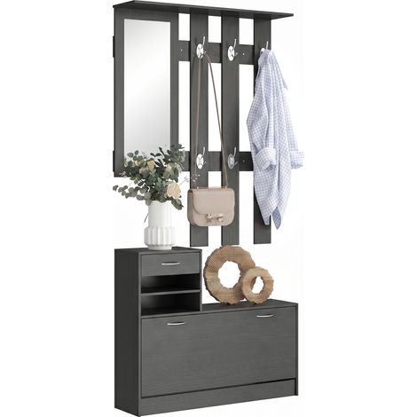 Ensemble Mobilier Couloir Moderne Rangement Chaussures Miroir 6 Crochets Étagères 90x24x177 cm Noir (1/5)