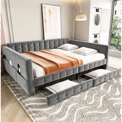 Cama tapizada 202.5x147x79.5 cm con almacenaje, cajones, bolsillos laterales, terciopelo gris (1/5)