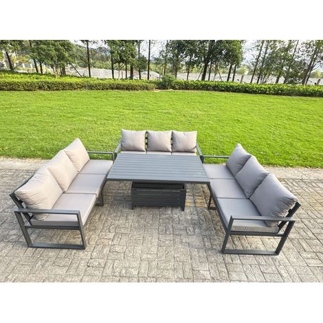 Fimous U-shaped Garden Furniture Set 9-Seater Aluminium Outdoor Dining Set with Adjustable Rising Lifting Dining Table Dark Grey (1/5)