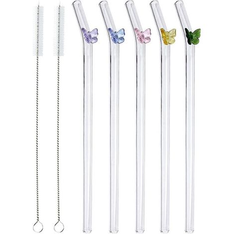 5 pièces Pailles en Verre RéUtilisables, Papillon Coloré sur des Pailles Transparentes avec des Pailles à Boire CourbéEs Incassables (1/4)