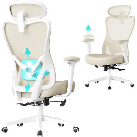 SONGMICS Chaise de Bureau Ergonomique, Fauteuil de Bureau, Appui-Tête et Soutien Lombaire Réglables, Supporte Jusqu’à 150 kg, Hauteur Réglable, Beige Sable OBN066LF01 (1/5)