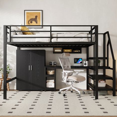 Lit mezzanine 140x200 cm avec bureau et armoire, étagères de rangement, escalier avec rangement intégré, structure métal et MDF, Noir (1/5)