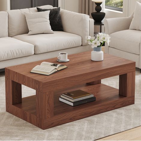 Table basse rectangulaire marron noyer en MDF avec rangement double niveau et patins de protection (1/5)