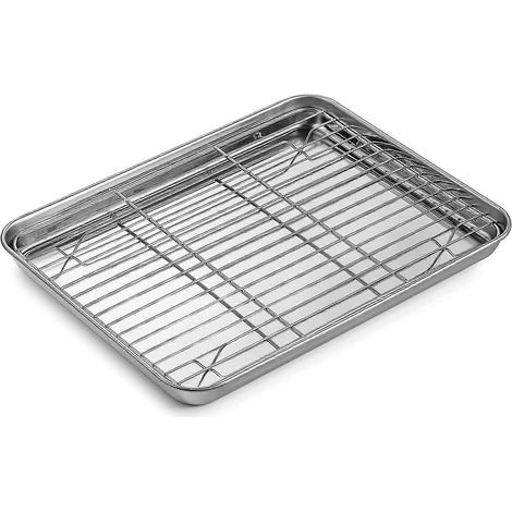 Plaque de cuisson avec grille, plat à rôtir rectangulaire en acier inoxydable, 31,5 x 25 x 2,5 cm, pour un usage domestique et professionnel, compatible lave-vaisselle et durable (1/5)
