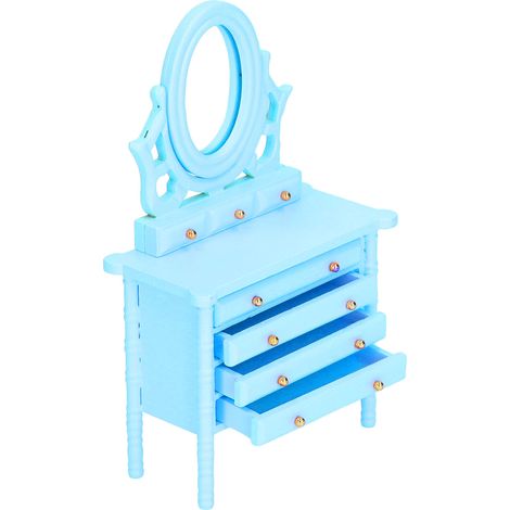 Table de toilette miniature en bois, échelle 1:12, avec miroir, bleue, pour maison de poupée. Modèle haute définition. (1/5)