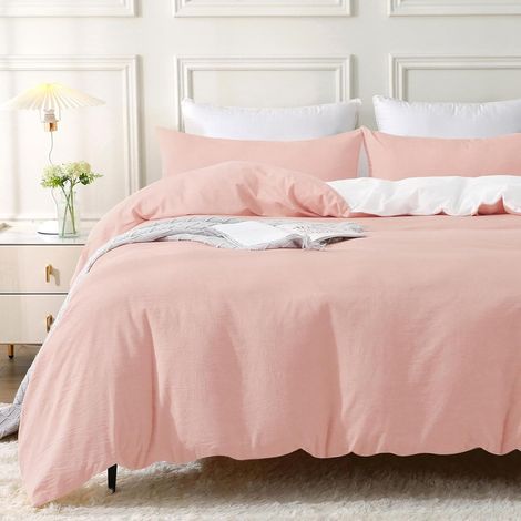 Housse de Couette 140x200 Coton - Rose Housse de Couette avec Fermeture Éclair, 100% Coton Lavé, Texture Lin, Parure de Lit avec 1 Taie d'oreiller 65x65 cm (1/5)