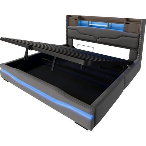 Lit rembourré 180x200 cm avec prise USB-C, bande lumineuse d’ambiance sous le lit, tête de lit avec rangement, lit hydraulique avec espace de rangement, sans matelas, avec lumières LED, gris (1/5)