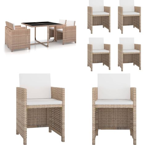 Set da Pranzo da Giardino 5 pz con Cuscini in Polyrattan Beige - Tavolo da pranzo da giardino - Sedie da giardino