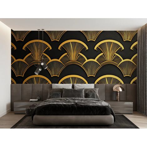 Papier Peint Art & Déco - Éventails Rétro Dorés - 300 x 250 cm (1/2)
