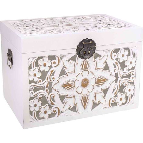 Coffre en bois blanc style colonial sculpté fleur vintage - blanc patiné motifs gris et noir (1/5)