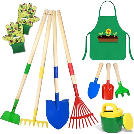 Outils Jardinage Enfant, 10 Kit Jardin Métal avec Pelle, Râteau, Fourche, Gants de Travail, Tablier, Arrosoir, Ensemble Complet de Jardinage pour Enfants, Jardin Extérieur, Cour, Pelouse (B) (1/5)