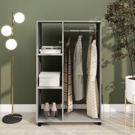 Armoire Penderie Mobile 4 Roulettes, Tringle à Vêtements, Étagères Ouvertes, Gris (1/5)