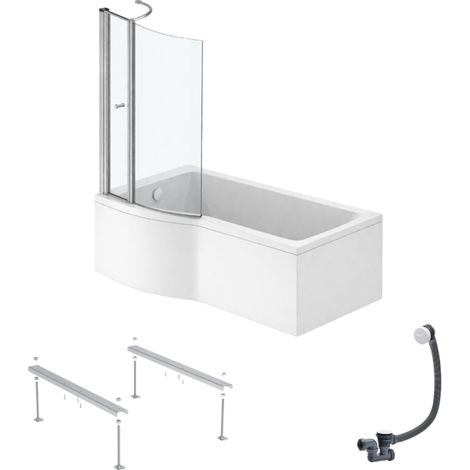 IDEAL STANDARD Connect Air, conjunto de bañera/ducha izquierda de 150 x 80 cm + delantal + mampara con solapa + patas + desagüe, blanco.
