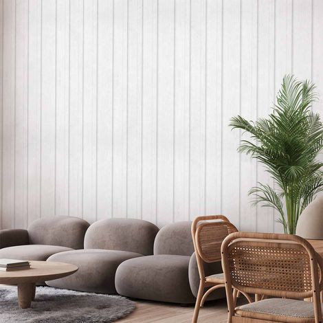 Papier peint - Lignes verticales - Fond blanc avec un délicat motif de bois vertical (1/4)