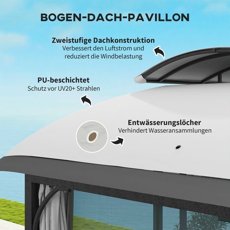 Gartenpavillon, Gartenzelt 3,3 x 4 m mit Tüllvorhängen, zweistufigem Dach, Kunstlederbezug, Metallrahmen, hellgraue Farbe. (1/5)