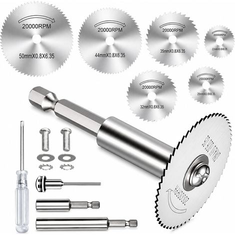 Lot de 6 lames de scie circulaire HSS avec tige 1/4", tournevis cruciforme, adaptateur 65 mm/106 mm et petite tige pour perceuse, bois, plastique, métal, réparation de bricolage (1/5)