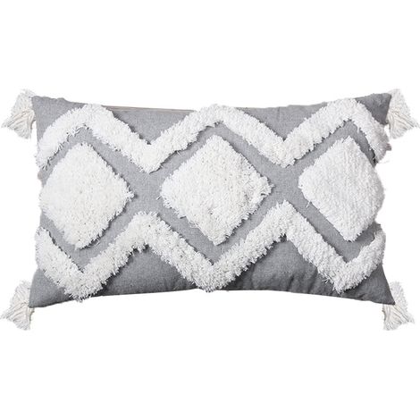Housse de Coussin Bohème Tissée à Franges, Style Gris/Blanc, Coton, (Gris sur Blanc, 30x50 cm) (1/3)