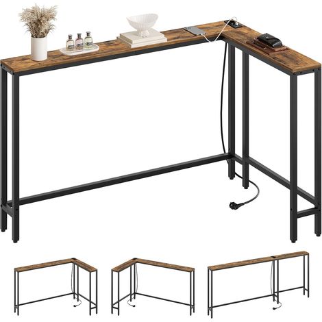 Table Console, Bout de Canapé de 15 cm Long, Table d’Entrée avec 1 Prise et 2 Ports USB, pour Salon, Couloir, derrière Le canapé, 3 dispositions, Marron Rustique et Noir (1/5)