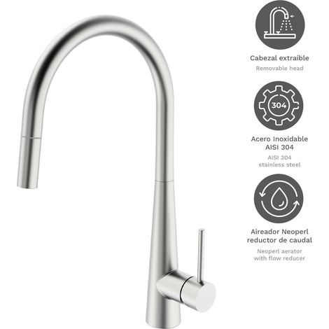 Grifo de cocina monomando caño alto extraible Geminis Cromo, Acero inoxidable, resistente a la corrosión, ahorro de agua,instalación fácil