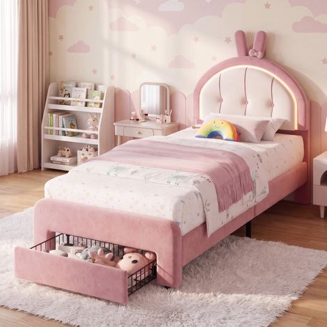 Letto singolo per bambina 90x200 cm con LED, testiera con orecchie di coniglio e cassetto contenitore, design giocoso in velluto - Rosa (1/5)