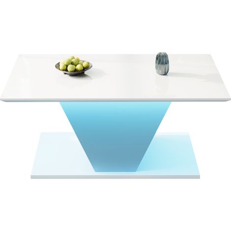 Table basse 100 x 50 x 46 cm forme spéciale, avec LED, haute brillance, idéale pour petits espaces,Blanc,forme en V (1/5)