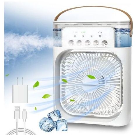 Mini enfriador de aire portátil, ventilador de aire acondicionado evaporativo con 7 luces LED, temporizador de 1 a 3 horas, 3 velocidades y modos (1/4)