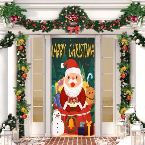 Stickers de porte de Noël, décorations de porte Père Noël, décorations de fête du Nouvel An, décorations de fêtes, banderoles/décorations de porte - 90 x 180 cm (avec trous et ruban) - 13