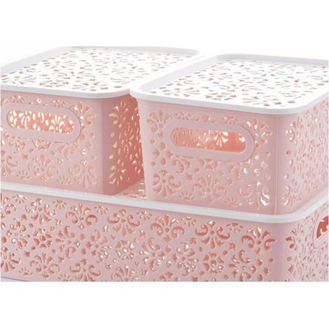 Small Storage Box 1Pc Basket Retro Pattern Desktop Cosmetic Box Bins for Home Small Size (Pink) (1/4)
