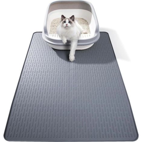 Katzenstreumatte, 71x50cm Silikon-Katzenstreumatte, Katzentoilettenmatte, wasserdicht mit erhöhtem Rand, leicht zu reinigen (grau). (1/5)