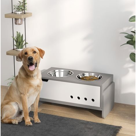 Stazione rialzata per alimentazione cane, 2 ciotole inox 2 L, altezza regolabile, grigio DESVIAE (1/5)